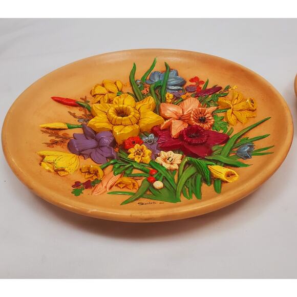 Vintage 1980 Flower Plate Floral Chalk Ware Wall Decor 80s Country Regency Style - Picture 3 of 10